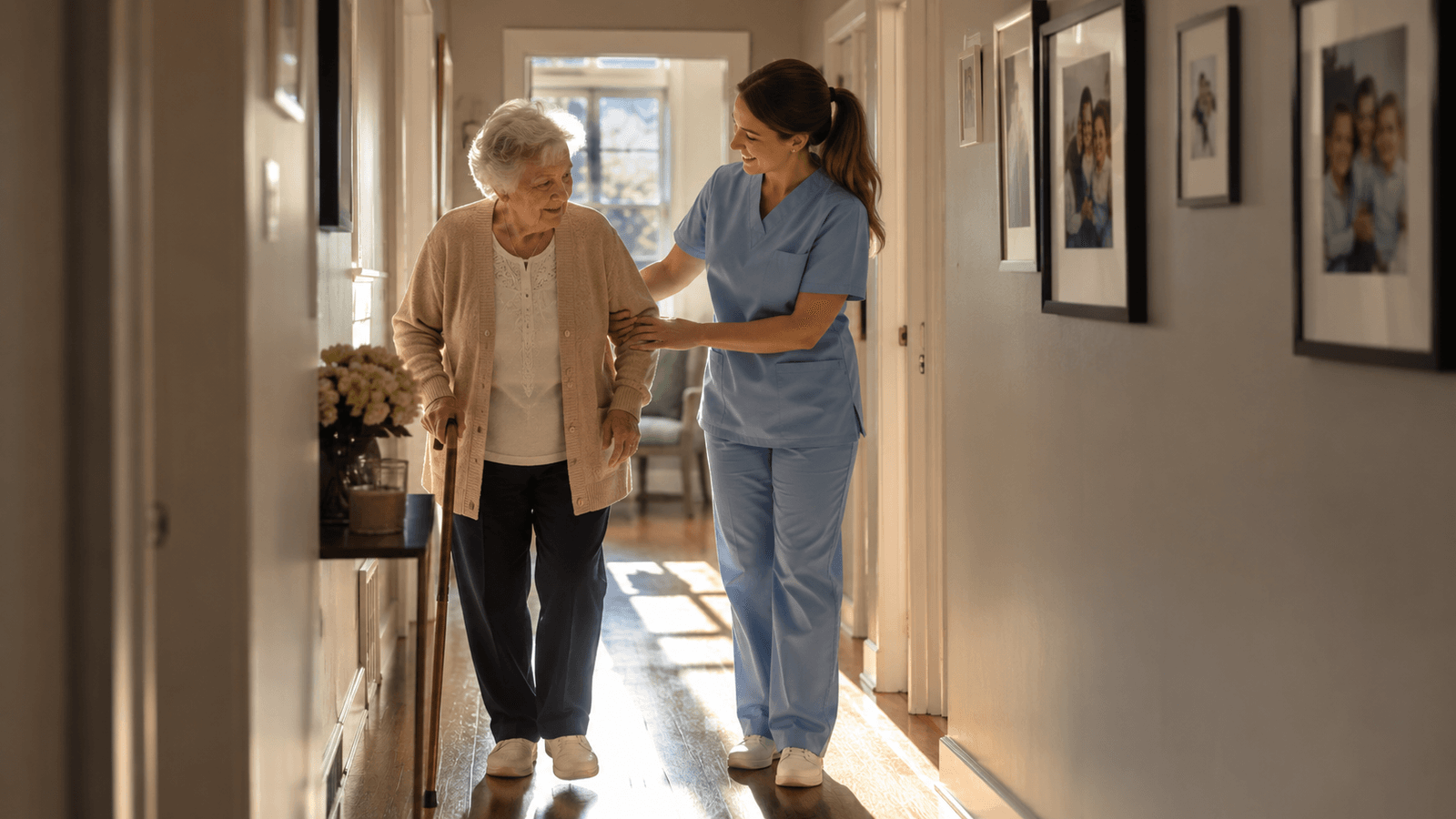 Caregiver gently assisting an elderly woman with a morning walk through a sunlit home hallway