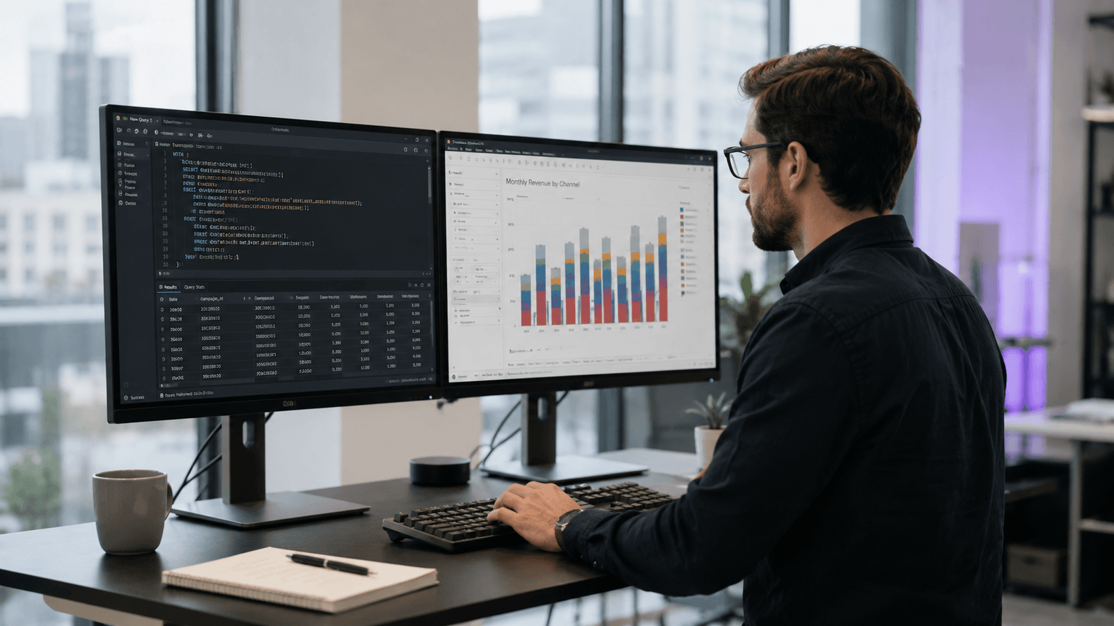 Data analyst at a dual-monitor workstation with a live SQL query on one screen and a Tableau dashboard on the other