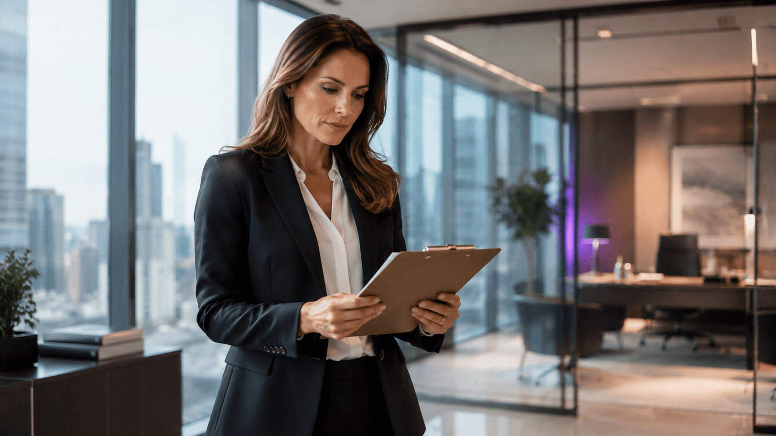 Executive assistant in a sleek corporate office reviewing a printed agenda at a glass-walled executive suite