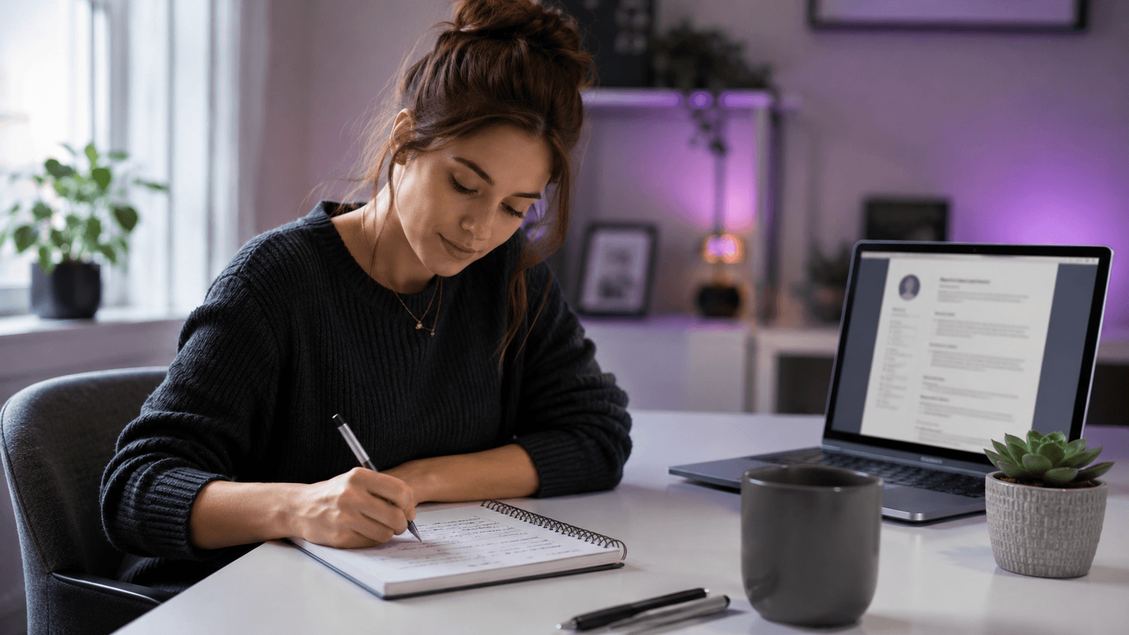 Job seeker at a clean modern desk writing a list of skills on a notepad beside an open laptop with a resume draft on screen