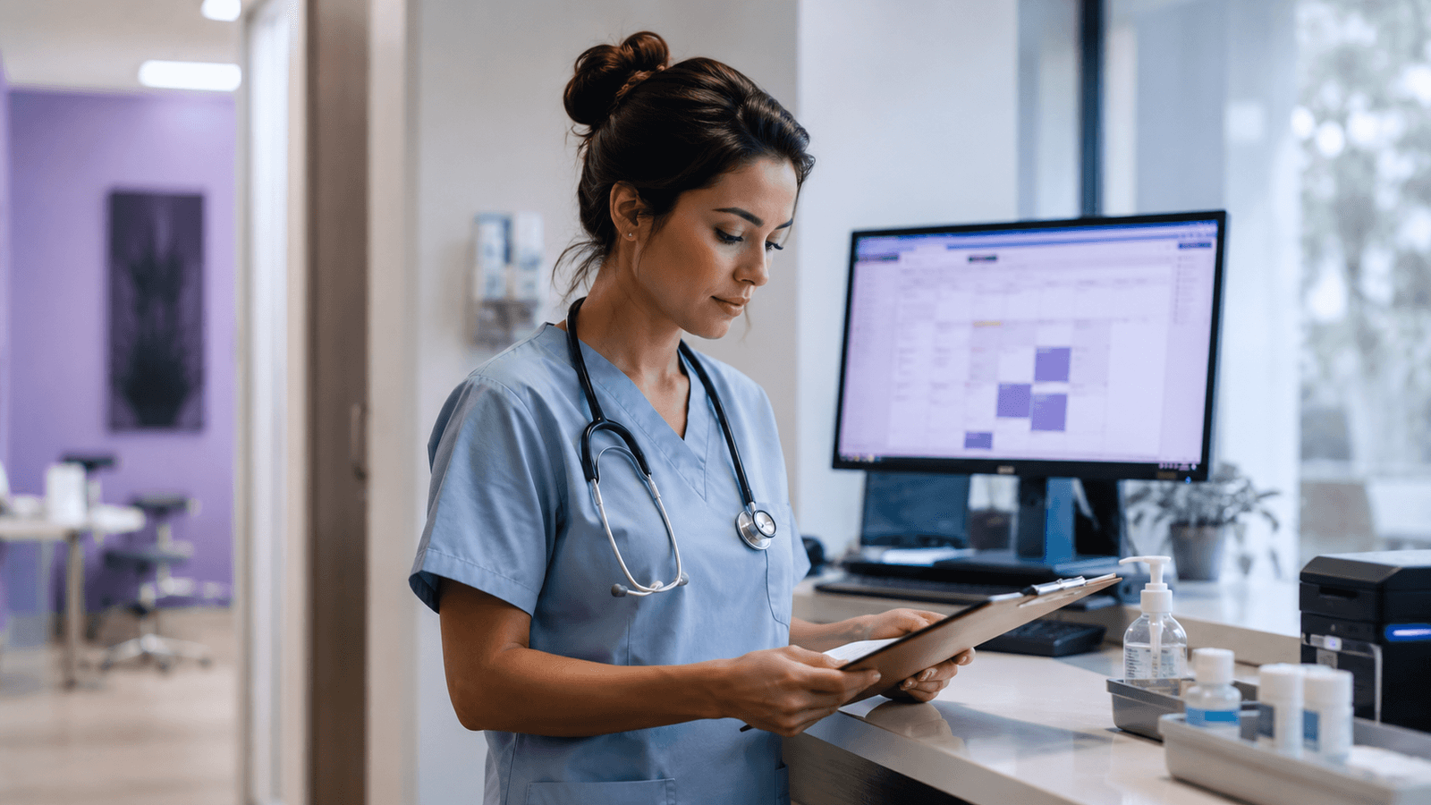 Medical assistant in scrubs reviewing a one-page resume on a clipboard at a clinic workstation with an EHR screen open behind her