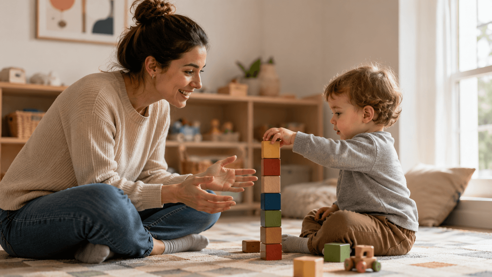 Nanny sitting on the floor at child height with a toddler building a colorful block tower in a bright playroom