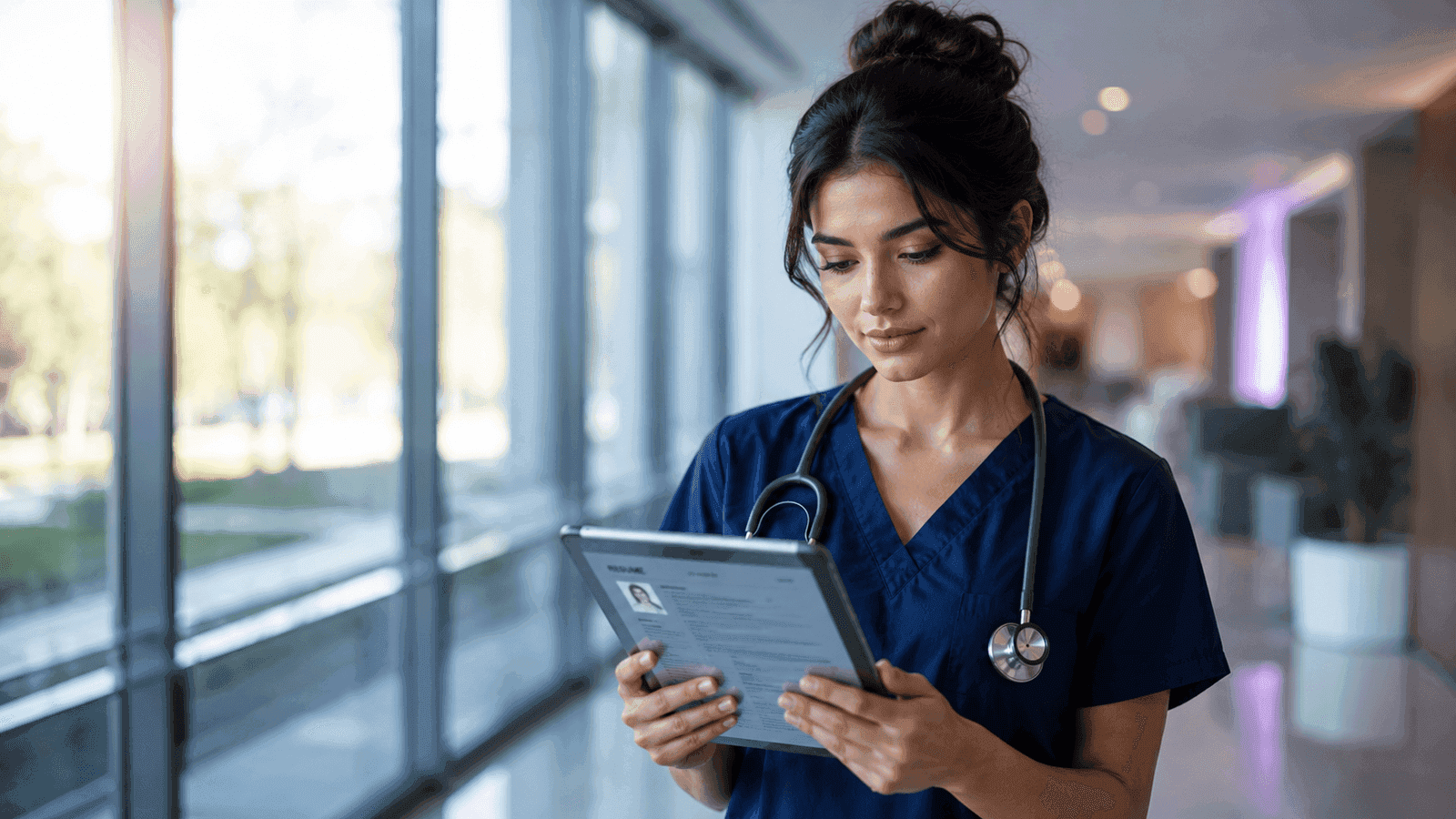 New graduate nurse in scrubs reviewing a one-page resume on a tablet inside a modern hospital corridor