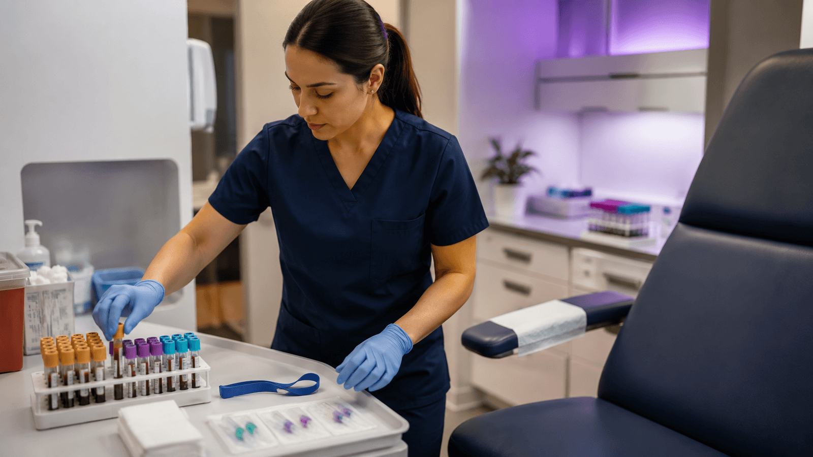 Phlebotomist in a bright outpatient lab preparing labeled blood collection tubes beside a patient draw chair