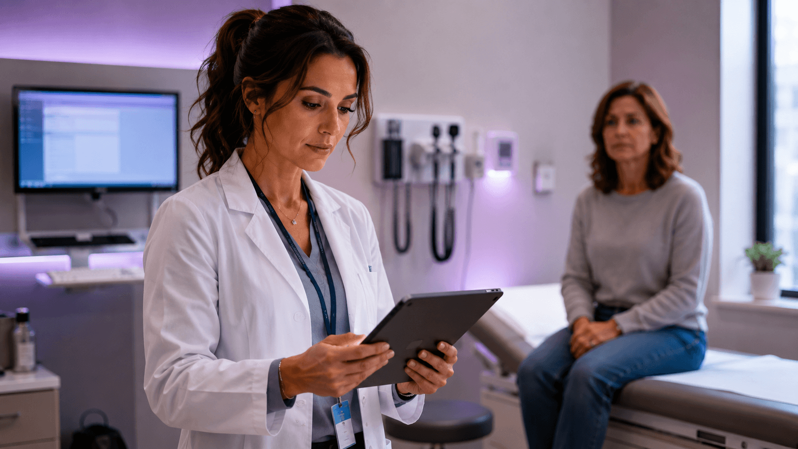 Physician assistant in a modern clinic exam room reviewing a patient chart on a tablet with a patient in the background