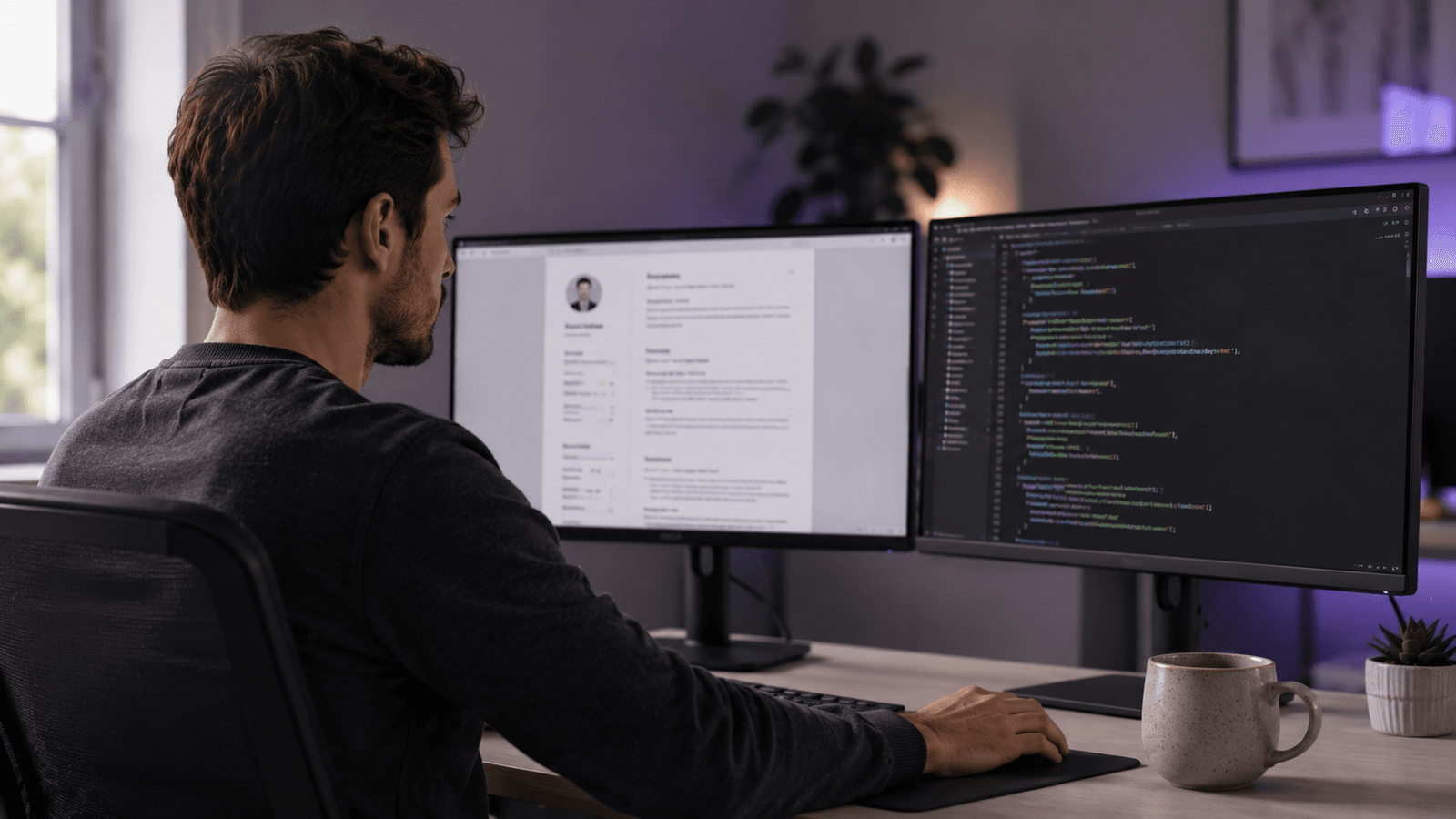 Python developer at a modern dual-monitor setup reviewing a resume document on screen, code editor open on the second monitor