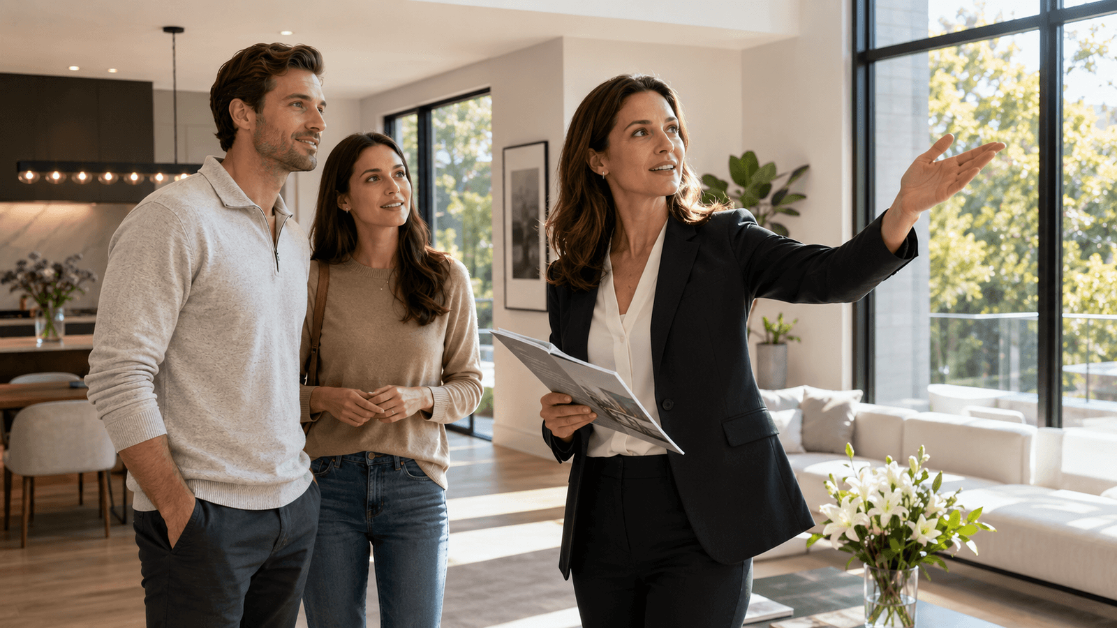 Real estate agent showing a modern home to a young couple at a sunlit open house