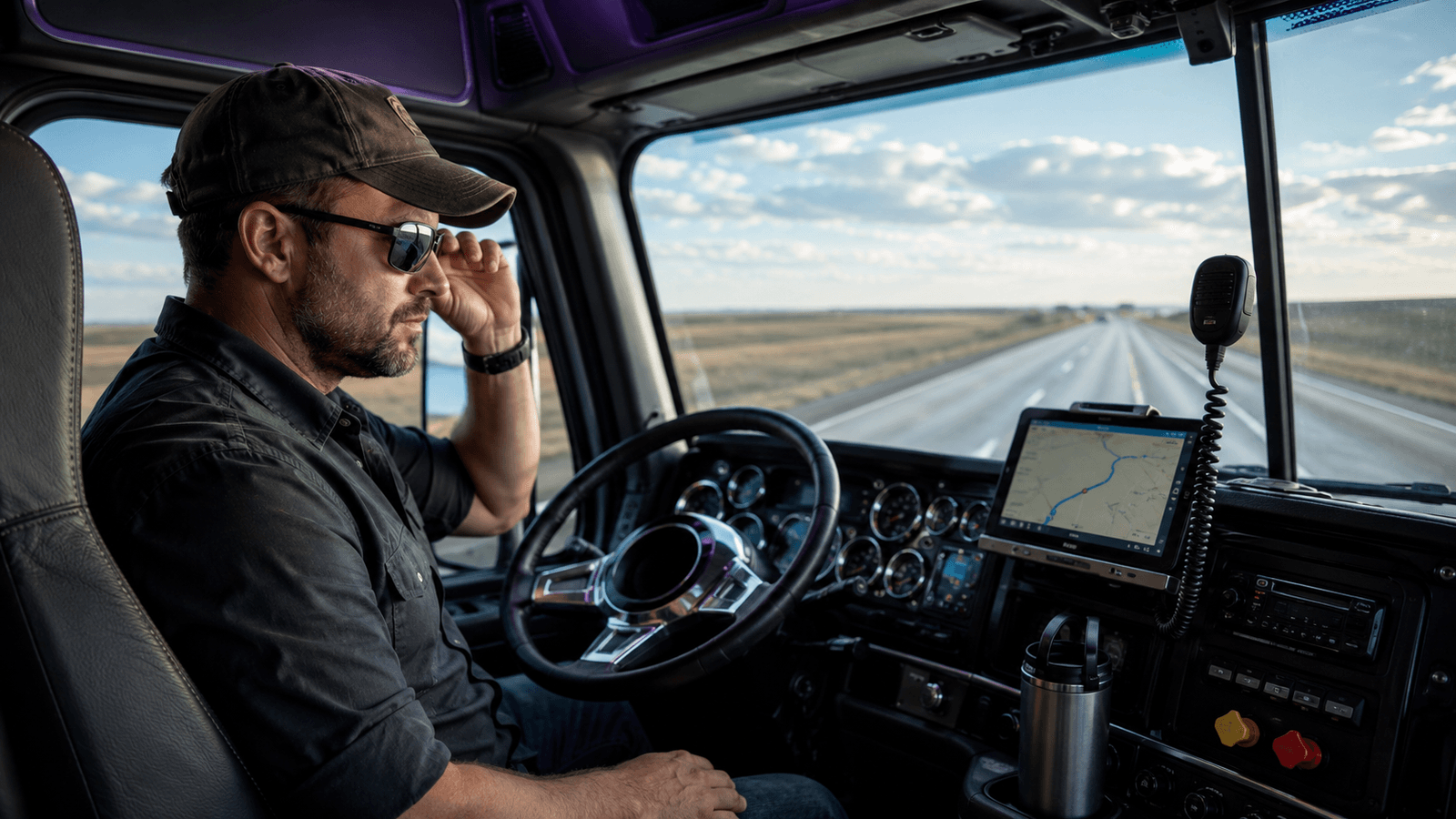 CDL truck driver in the cab of a semi-truck reviewing a GPS route on a dashboard-mounted screen before departure