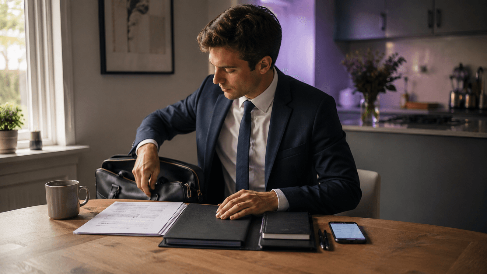 Job candidate packing a professional interview folder with resume copies, questions, and a pen before leaving for an interview